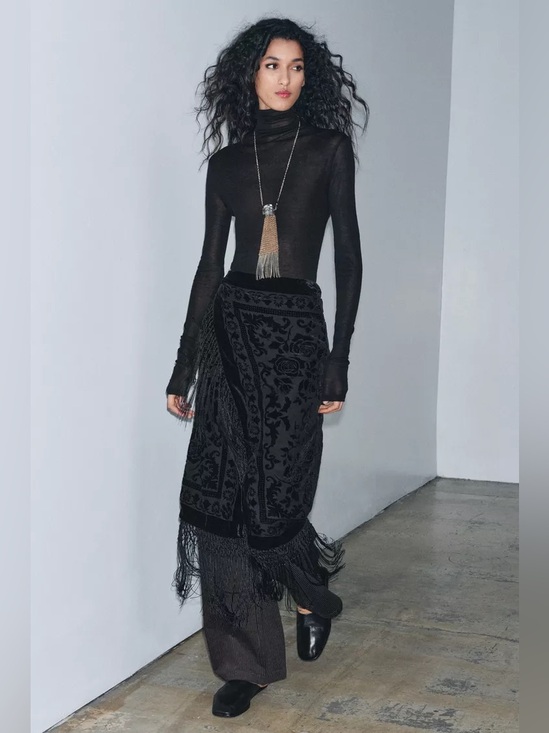 Zara Dresses & Skirts - Zara Black Velvet Fringe Wrap Midi Skirt